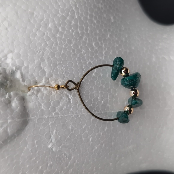Gold Toned Hoop Drop Dangle Hook Earrings Gold Toned and Green Stone Like Beads - Picture 1 of 6